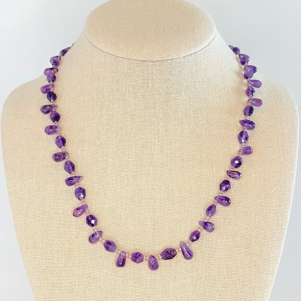 Natural Amethyst Beaded Necklace Purple Faceted Polished Teardrop 19 Inch